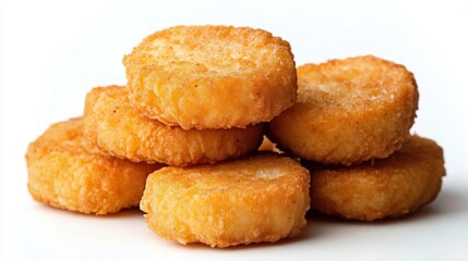 Golden Hash Browns Stacked on White Backdrop Showcasing Crispy Texture and Culinary Appeal in a Clean Composition for Food Photography