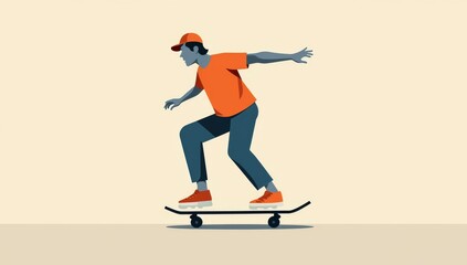 illustration of a person skateboarding. Use bold, geometric shapes and a limited color palette of oranges, blues, black, and off-white.