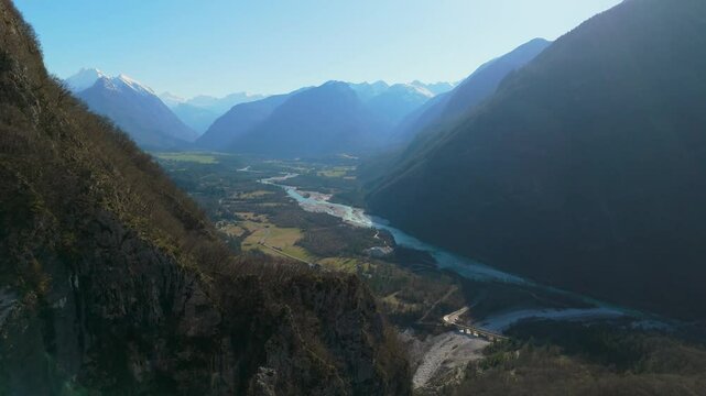 View from the mountain of the Bovec valey and the town Bovec, the Soča valey in Slovenia from the mountains