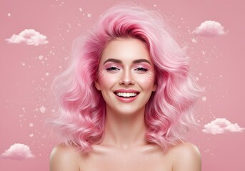 Happy Woman with Pink Hair, Makeup and Cloud Background for Beauty and Cosmetics.