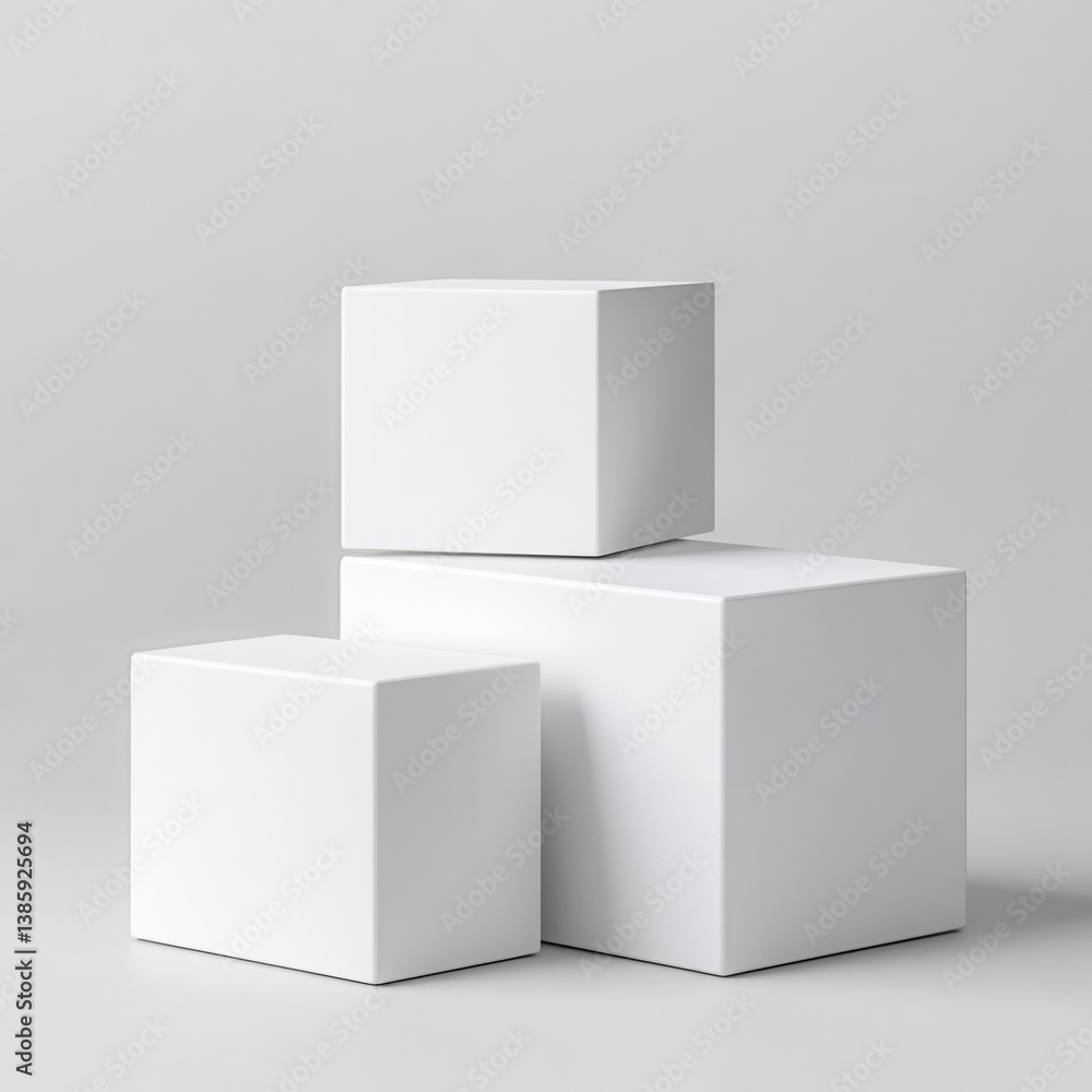 Poster minimalist presentation three white cubes in abstract composition on light gray background for produ