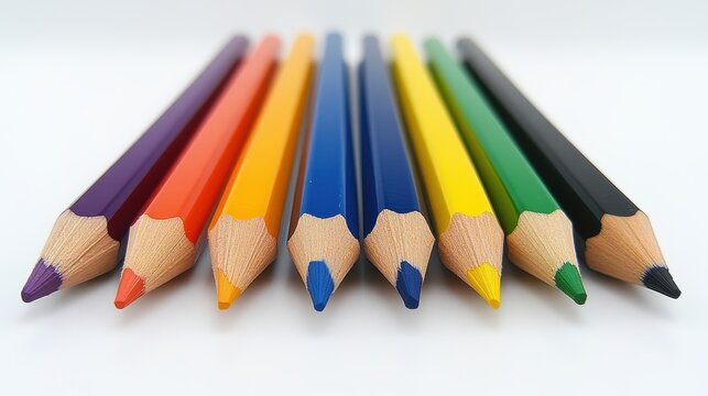 A set of colorful pencils arranged neatly on a white background