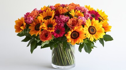 A bouquet of vibrant sunflowers in a glass vase, against a white background