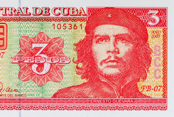 3 Pesos of Cuba with a portrait of Ernesto Che Guevara. Vintage money of Cuba