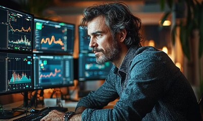 Focused man analyzing stock market data on multiple screens in a modern office environment