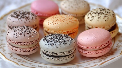 A collection of assorted macarons in pastel colors, elegantly placed on a white background