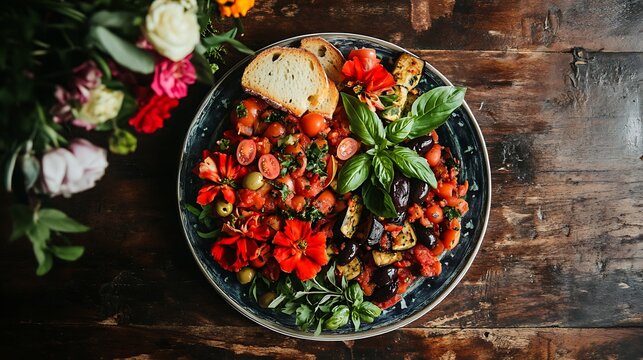 A vibrant and fresh salad featuring colorful cherry tomatoes, greens, and herbs garnished with edible flowers served on a rustic wooden table