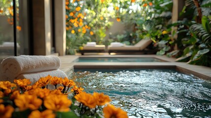 Luxurious spa with pool, flowers, and towels.