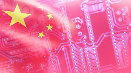 High-tech industry in China. PCB and chinese flag background. Microprocessor manufacturing in People Republic of China. The printed circuit board is made in China. Export of Chinese radio electronics.
