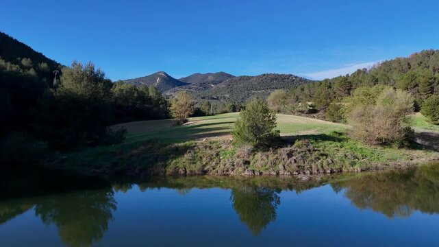 Drone view of a corner of Lake Manzano in the Bullas and Mula area, Murcia Region, Spain, in early morning light.