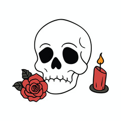 a human skull surrounded by wilting roses