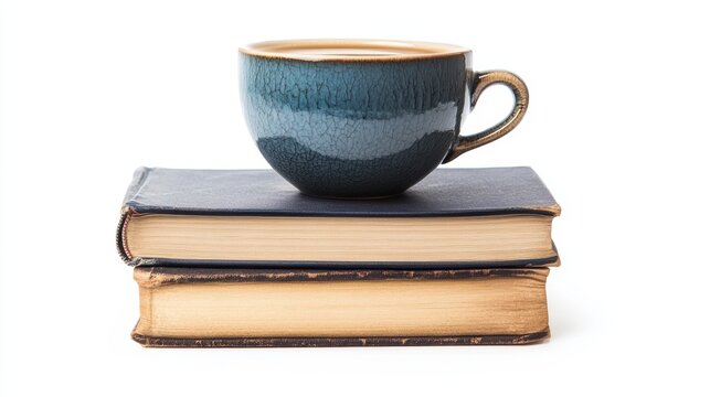 A stack of hardcover books with a coffee cup on top, on a white background