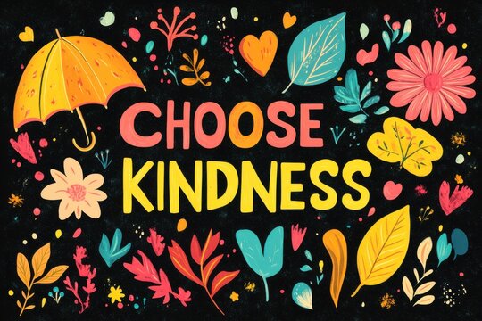 Choose kindness text with floral and umbrella elements on a dark background illustration art