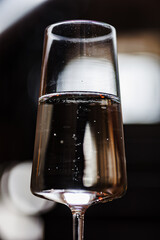 A close-up of a glass filled with champagne, showcasing delicate bubbles and rich hues against a softly blurred background, evoking an air of sophistication and celebration