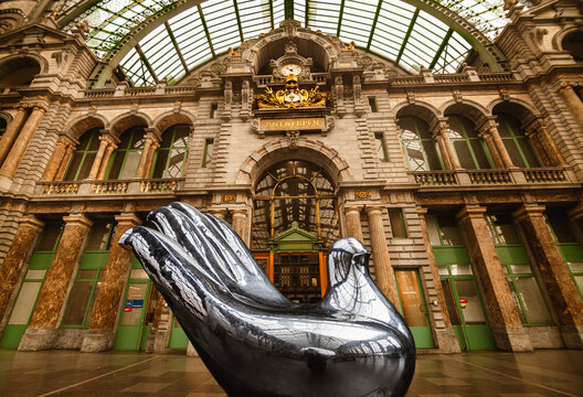 Antwerp, Belgium - March 30th, 2025 - Antwerp Central Station, known for its stunning architecture, and nicknamed the "Railroad Cathedral" is one of the most beautiful train stations in the world. 