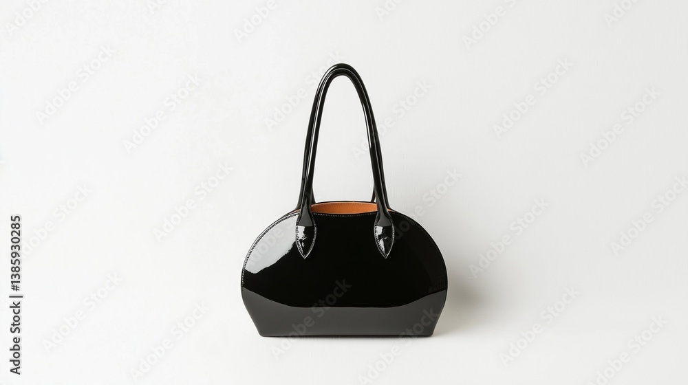 Poster the image is of a black handbag with a unique design. the bag has a rectangular shape with a flat to