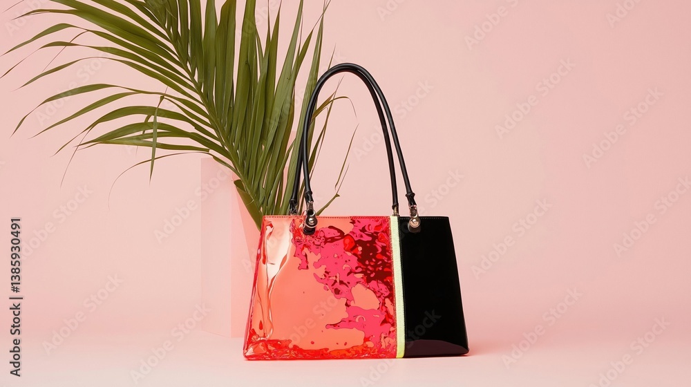Poster handbag with a unique design. the bag is made of a shiny, metallic material with a red and black col