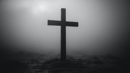 Naklejka premium Solitary Cross in Misty Landscape