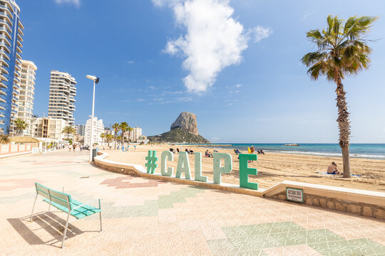 Calpe. The name of the village and the bench made from plastic fished from the sea. Costa Blanca coast, Calpe, Valencia Province, Spain April 3, 2025