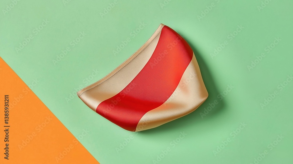 Poster flat lay of a small, triangular object on a green and orange background. the object appears to be ma