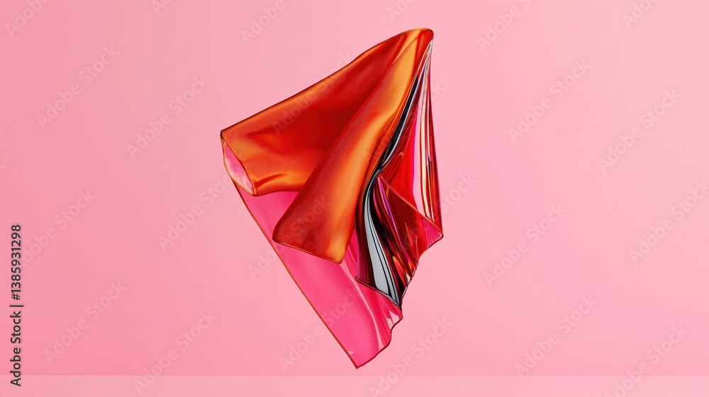Poster 3d rendering of a triangular object on a pink background. the object appears to be made of a shiny, 