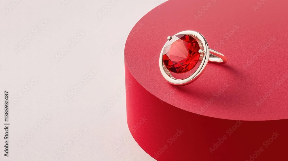 Poster close-up of a ring on a red surface. the ring is made of silver and has a large, oval-shaped red gem