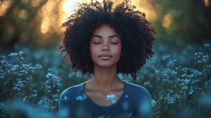 Peaceful woman with afro in flower field at sunset.