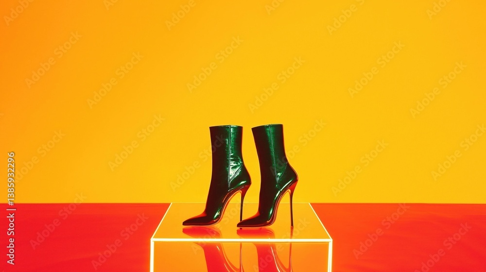 Poster pair of high-heeled boots on a square-shaped platform. the boots are green in color and have a point