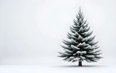 Single pine tree covered with snow on white background, Christmas tree covered with snow with blank space for editing
