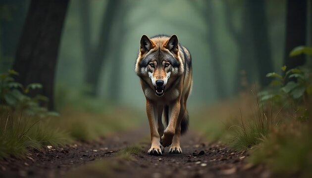 Angry lone wolf walking alone in a forest path, showing teeth, front face ready to attack wallper banner created with generative ai