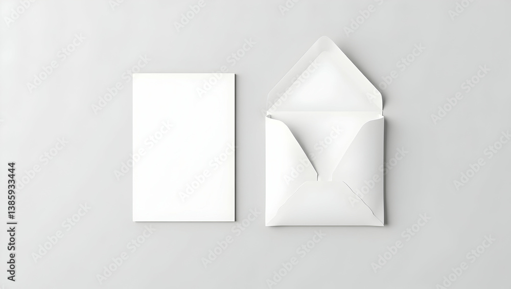 Poster elegant minimalist mockup featuring a blank white card and open envelope for invitations, greetings,