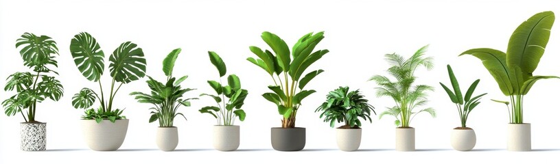 Assorted houseplants in pots against white background
