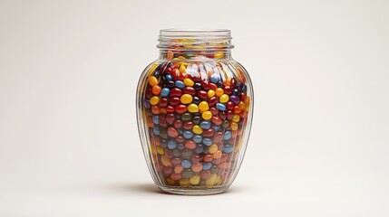 A large glass jar filled with colorful jellybeans, placed on a white background