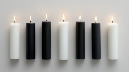 A minimalistic set of black and white candles arranged neatly, on a white background