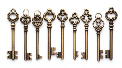 A set of vintage brass keys with a keyring, placed on a white background
