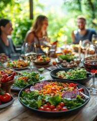 Naklejka premium Festive outdoor dining experience with fresh salads and wine for friends and family in a garden setting