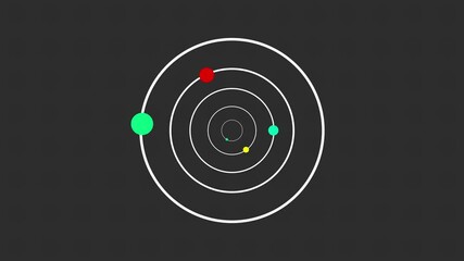 Atomic model diagram, solar system concentric white circles, colorful planetary orbits, bright red nucleus, dark background