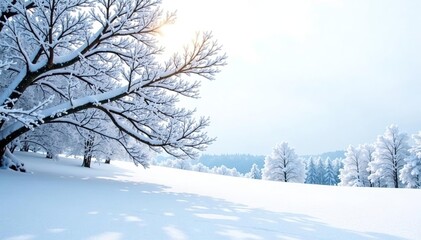 Fototapeta premium Snowy landscape with isolated branches stretched out on white, winter, frosty