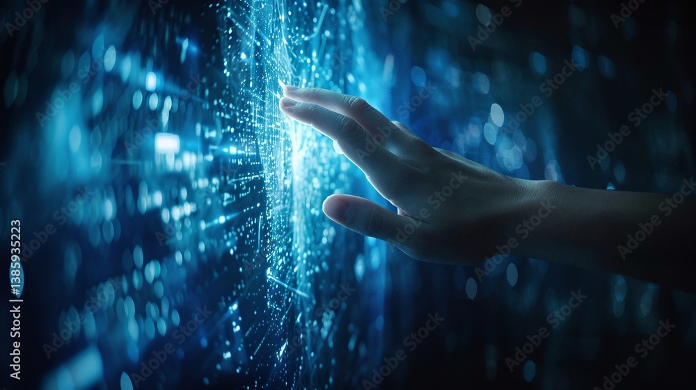 Poster futuristic hand reaching towards a glowing digital interface with data streams in a dark space