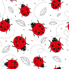 Cute ladybug seamless pattern. Ladybugs flying on dotted route. Vector illustration isolated on white background. Red insects and leaves wrapping paper, texture.