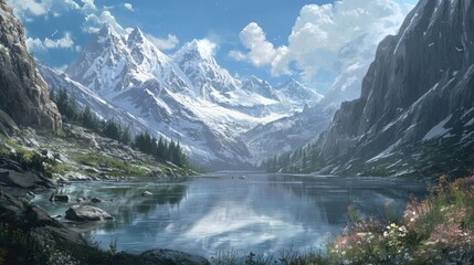 Fototapeta premium Serene Mountain Lake Landscape: A Breathtaking Vista of Majestic Peaks and Tranquil Waters