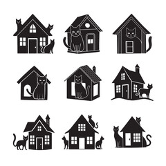 Black vector set of cat house icons