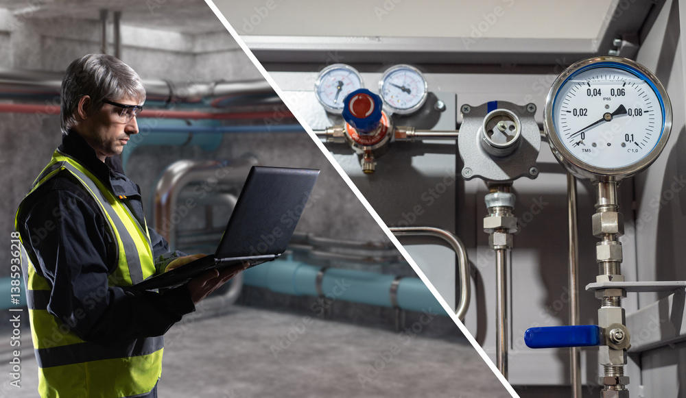 Poster man engineer inside boiler room. worker with laptop stands near pipeline. meters on gas boiler equip