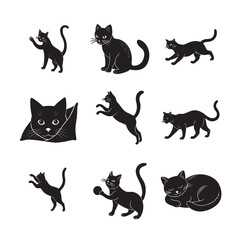 Feline vector set featuring black cat silhouettes and playful kitten outlines