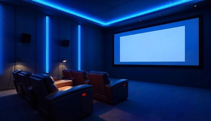 3d home cinema room with blue lights and leather armchairs with table lamps and a big movie screen 3d rendering, digital illustration created with generative ai