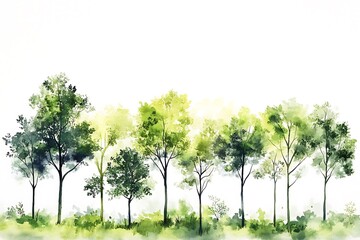 Obraz premium Watercolor Trees – Botanical Illustration with Green Foliage & Varied Tree Shapes