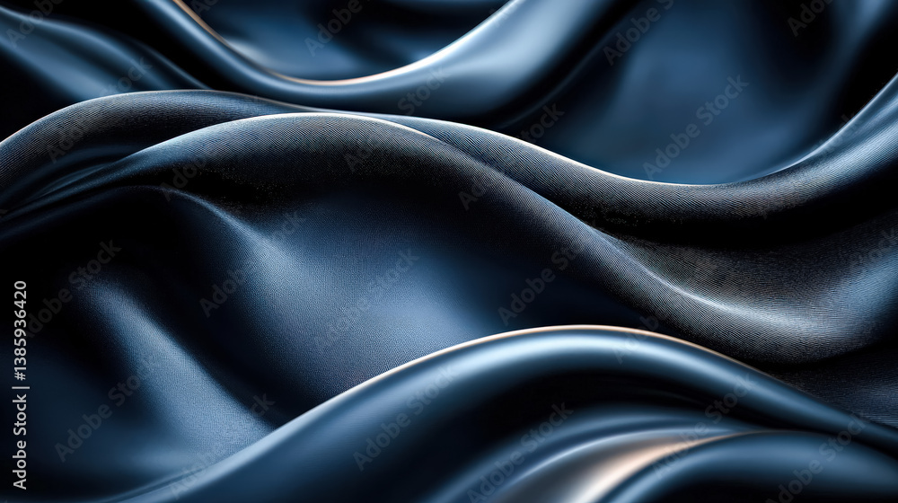 Poster blue fabric with a shiny surface. the fabric is long and has a wave-like pattern