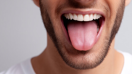 Fototapeta premium Close up view of a man with an open mouth showing his tongue and white teeth with beard visible