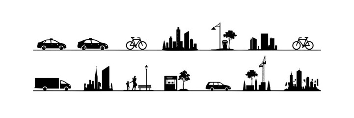A silhouette icon set of urban and city life