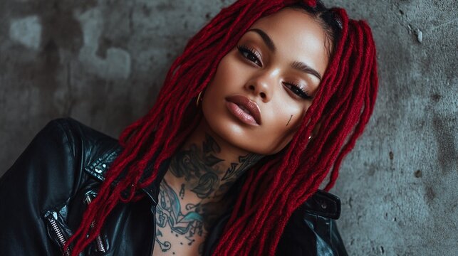 Young, stylish woman with red dreadlocks and tattoos is posing in a studio setting